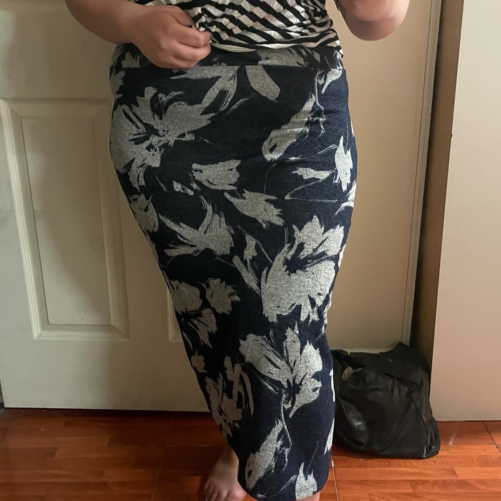 Straight maxi skirt with navy and gray detailing! Not sure about brand :)